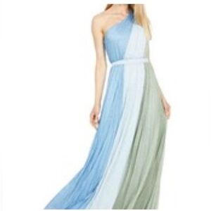 BCBGMaxAzria One-Shoulder Blue and Green Metallic Grecian  Dress XS S